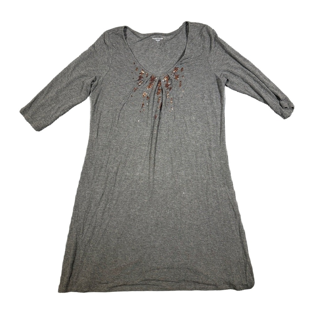 Eileen Fisher Gray Sequin V Neck 3/4 Viscose Tunic Mini Dress Women M NWOT